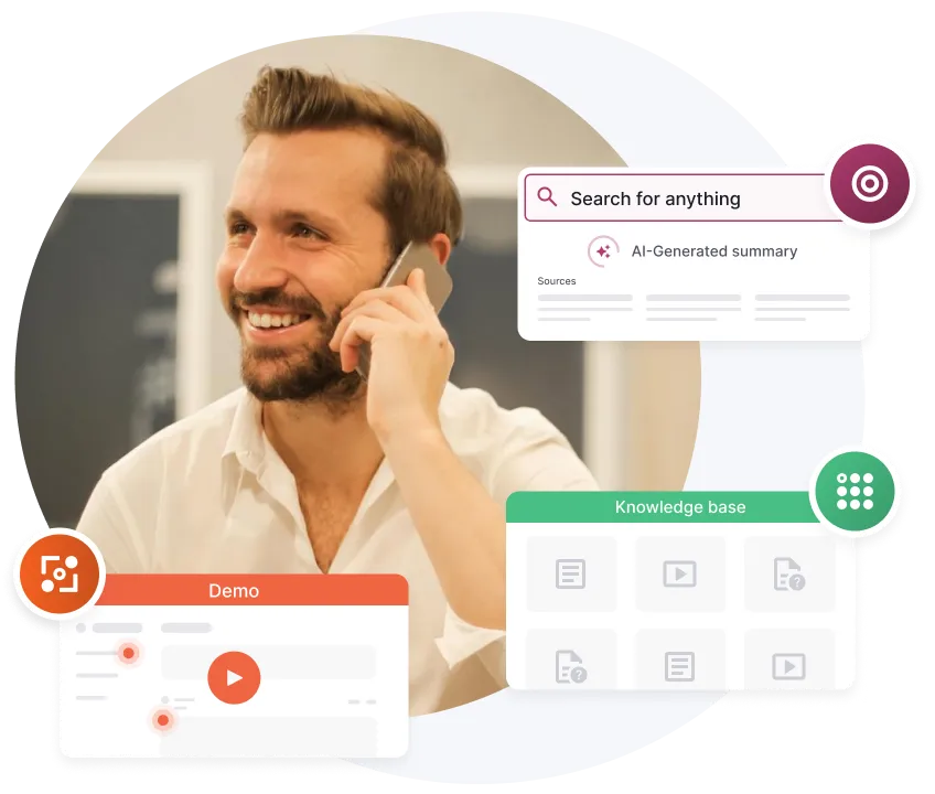 Hombre sonriente hablando por teléfono con elementos superpuestos en la interfaz que muestran un resumen de búsqueda generado por IA, un icono de vídeo de demostración e iconos de la base de conocimientos.