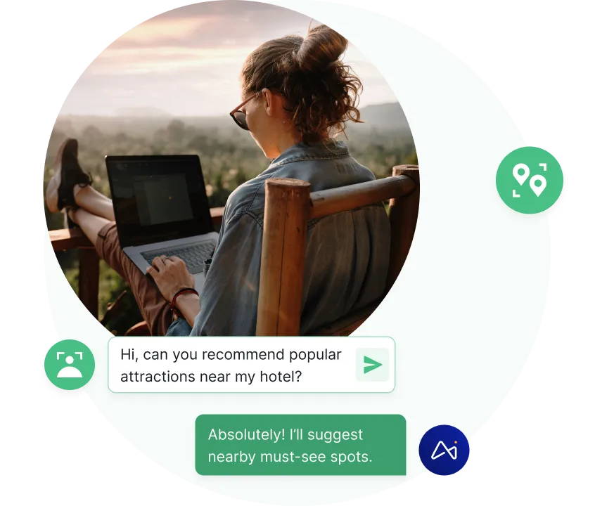 Persona sentada al aire libre en una silla de madera utilizando un ordenador portátil con una vista panorámica; los globos de diálogo dicen «Hola, ¿puedes recomendarme atracciones populares cerca de mi hotel?» y «¡Por supuesto! Te sugeriré lugares cercanos que no te puedes perder».