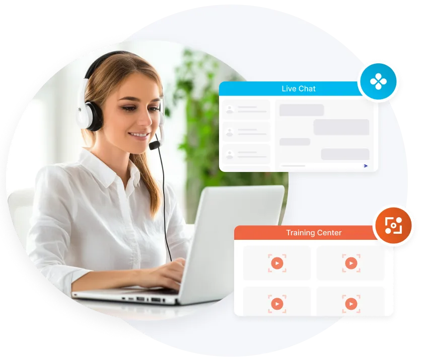 Mujer con auriculares utilizando un ordenador portátil con chat en vivo y superposiciones de la interfaz del centro de formación.