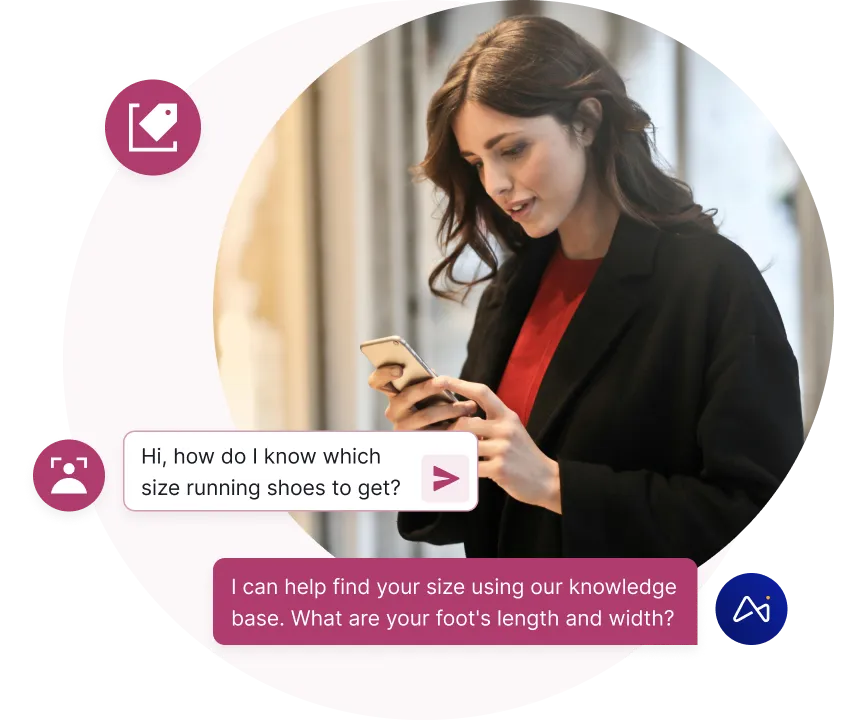 Woman holding smartphone showing text conversation about finding the right size for running shoes.