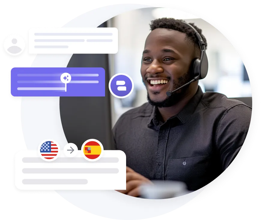 Smiling customer support representative wearing a headset, with graphical chat and translation icons around him.
