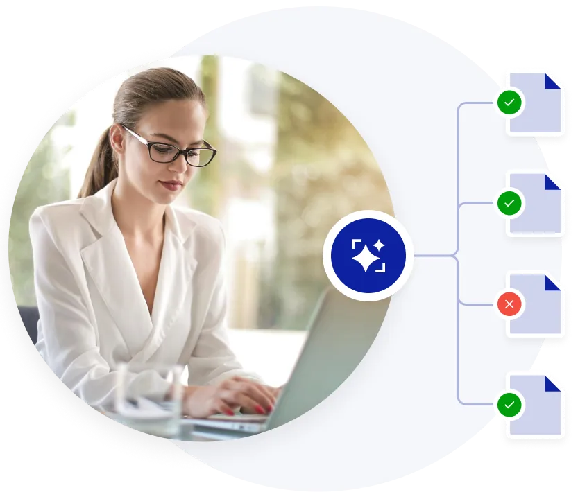 Woman in glasses and white blazer working on a laptop with icons showing document verification results.