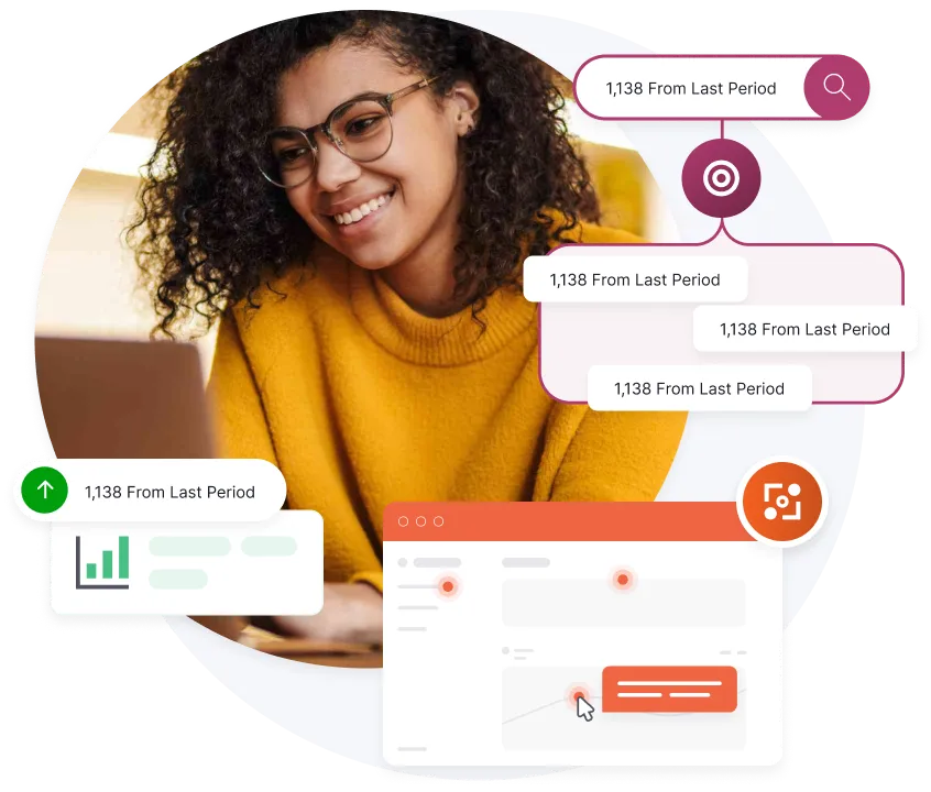 Smiling woman with curly hair and glasses wearing a yellow sweater, working on a laptop surrounded by graphical data overlays showing '1,138 From Last Period' metrics.