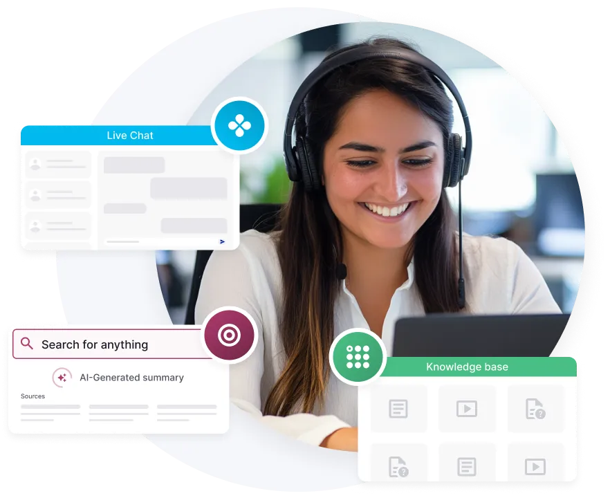 Smiling woman wearing headset working on a laptop with digital overlays showing live chat, AI-generated summary search, and knowledge base icons.