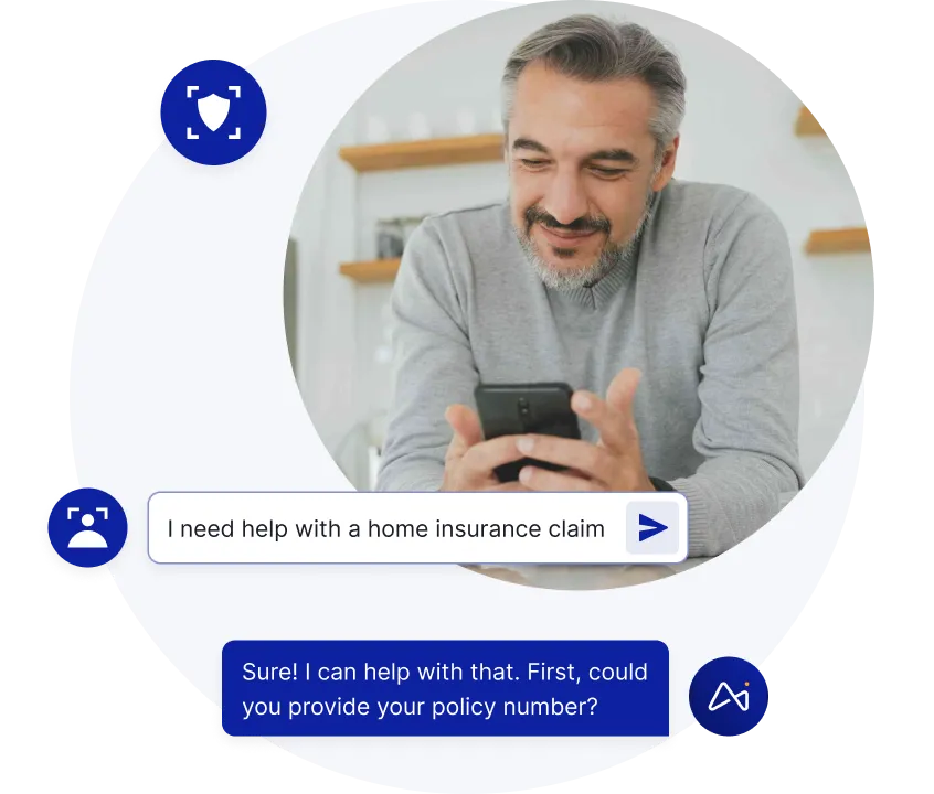 A smiling man with gray hair and beard looks at his smartphone, accompanied by a chat interface where he types 'I need help with a home insurance claim' and receives a reply asking for his policy number.