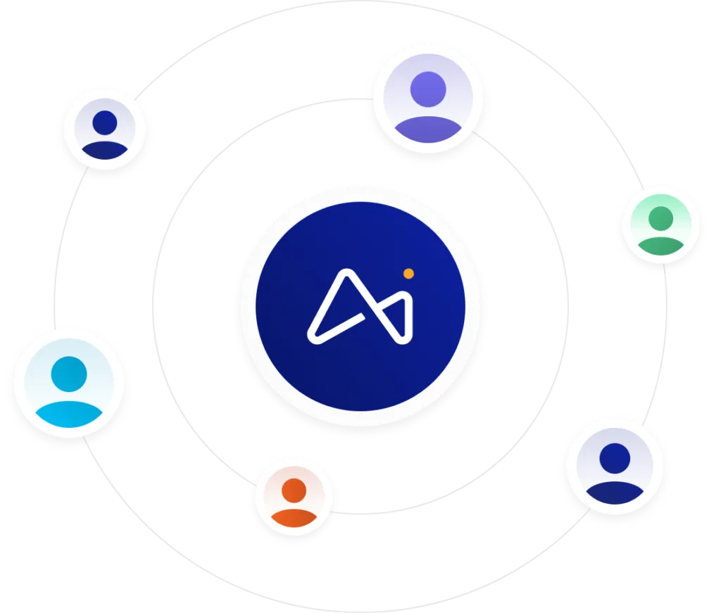 Central dark blue circle with a white stylized AI logo surrounded by six smaller colored user icons connected in orbit-like paths.
