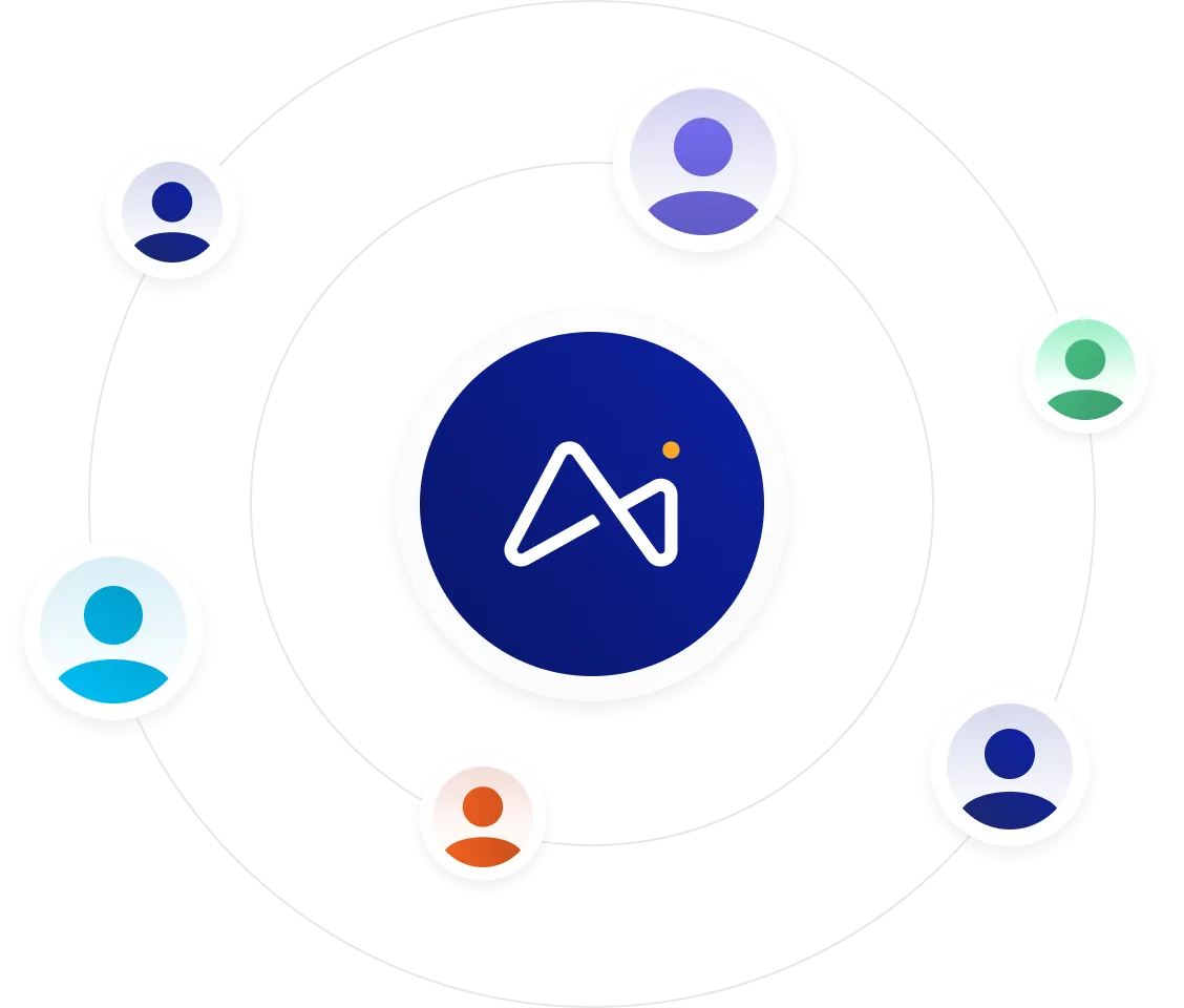 Círculo azul escuro central com um logotipo abstrato branco “Ai” conectado por linhas a seis círculos menores contendo ícones de usuários em várias cores.