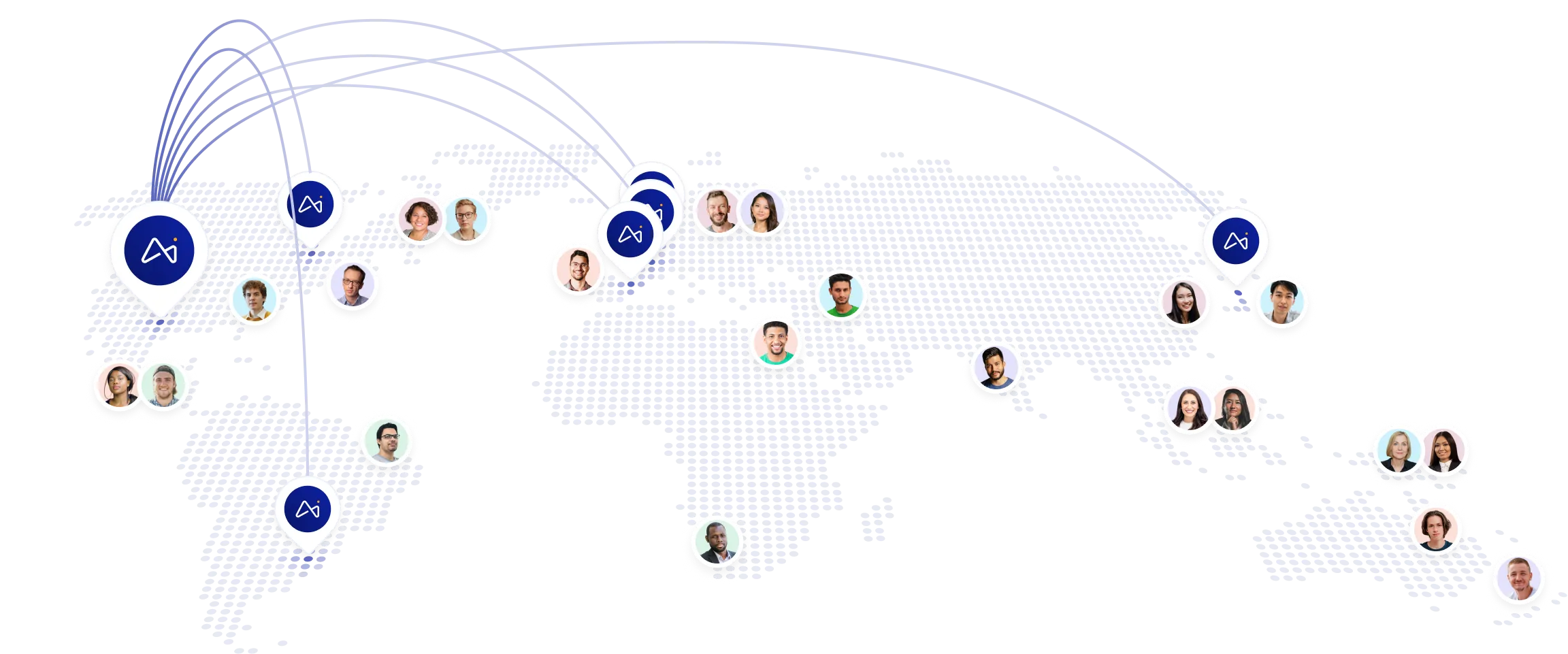 Mapa-múndi com marcadores de localização conectados por linhas que mostram a rede global, apresentando fotos de perfil de pessoas diversas em vários pontos do mundo.