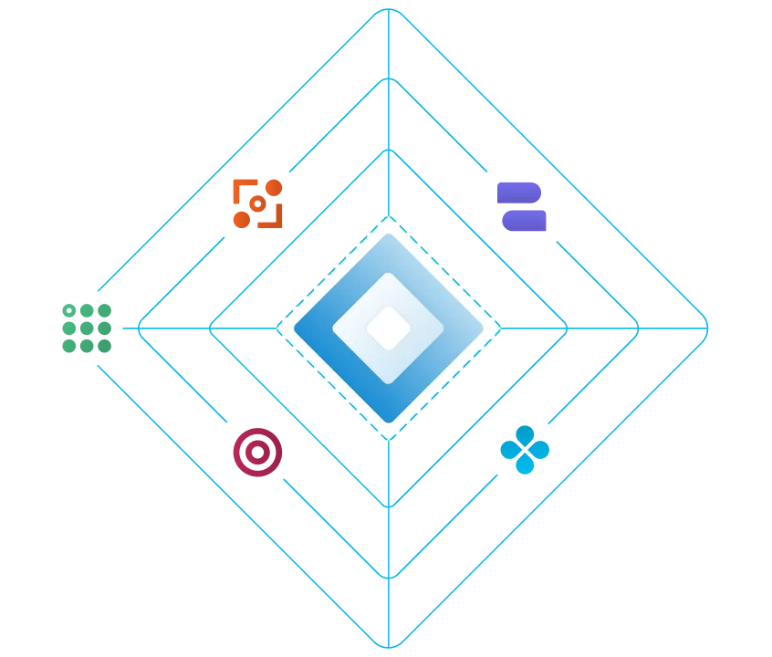 Diamant bleu central relié par des lignes bleues à cinq icônes colorées différentes disposées autour de lui, notamment une grille verte, des formes rouges, des barres violettes, une cible circulaire rouge et un symbole bleu en forme de trèfle.