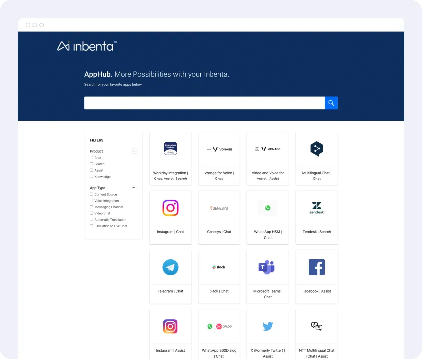 Page Web Inbenta AppHub affichant une barre de recherche et des options de filtrage avec des icônes d'application pour les services de chat, d'assistance et de recherche, notamment Instagram, WhatsApp, Zendesk, Slack, Microsoft Teams, Facebook, Twitter, etc.