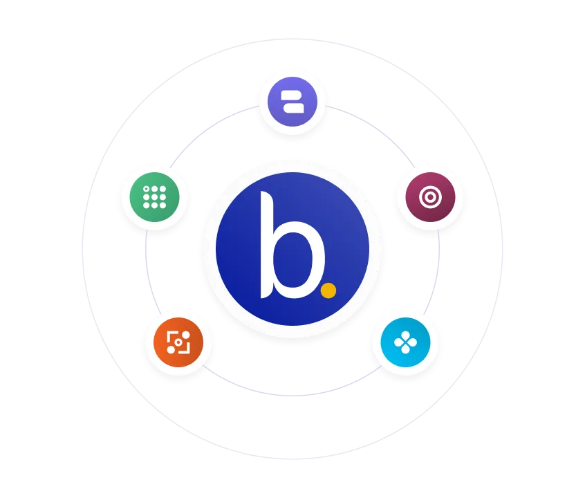 Círculo azul central com um “b” minúsculo branco, rodeado por cinco círculos menores contendo vários ícones tecnológicos abstratos conectados por linhas finas.
