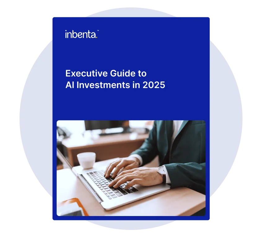 Capa do guia intitulado “Guia executivo para investimentos em IA em 2025” com foto de uma pessoa de terno digitando em um laptop.