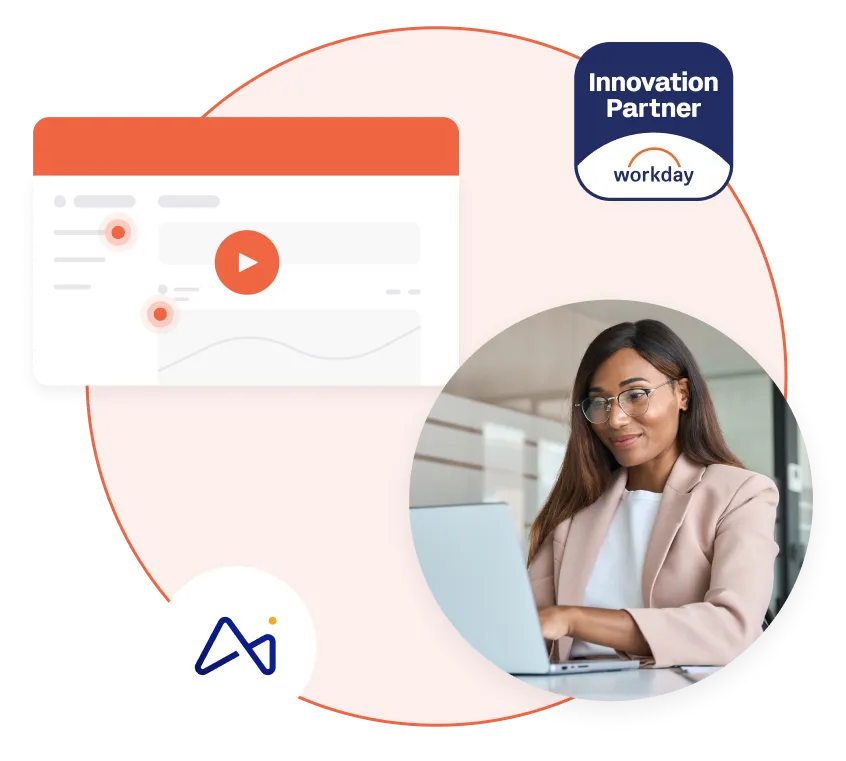 Professional woman with glasses in a beige blazer working on a laptop, alongside graphic elements including a software dashboard preview and Workday Innovation Partner badge.