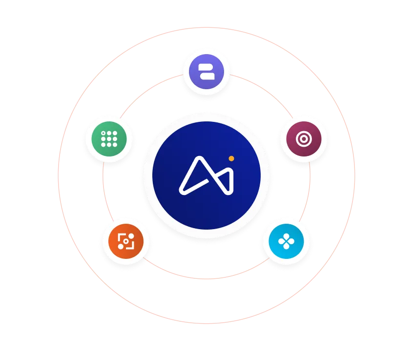 Central dark blue circle with a white abstract logo surrounded by five smaller colored circles containing different white icons, all connected by circular lines.