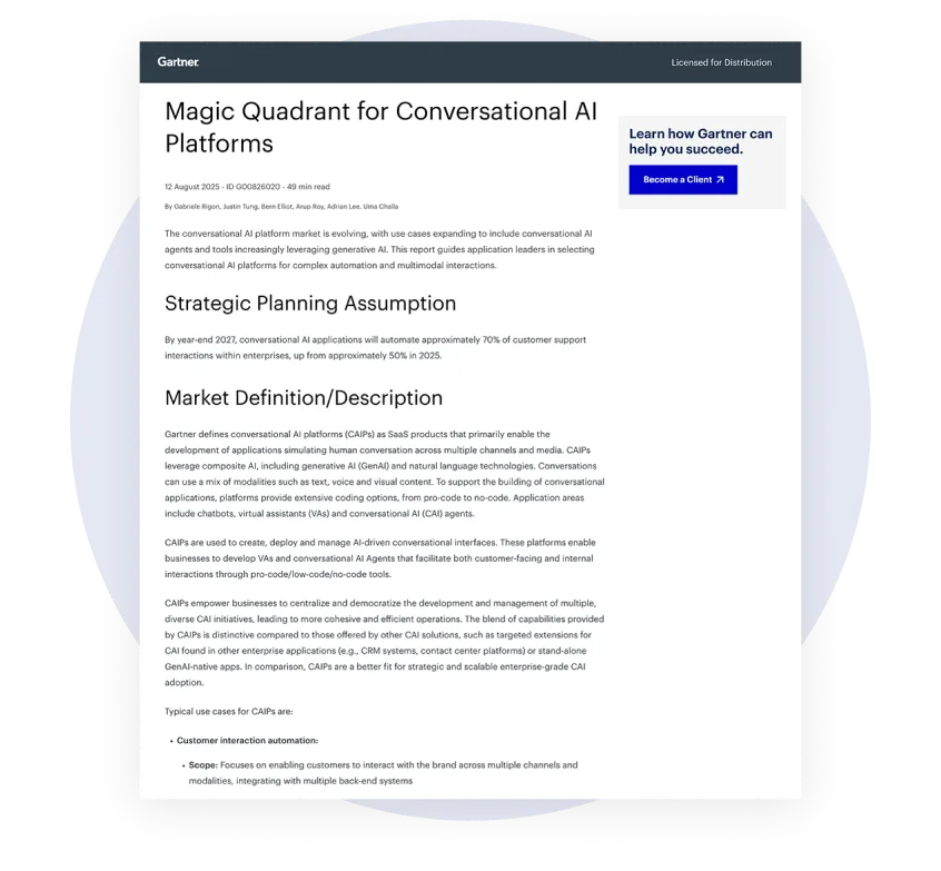 Captura de tela do relatório da Gartner intitulado “Quadrante Mágico para Plataformas de IA Conversacional”, datado de 12 de agosto de 2025, incluindo seções sobre premissas de planejamento estratégico e definição/descrição do mercado.
