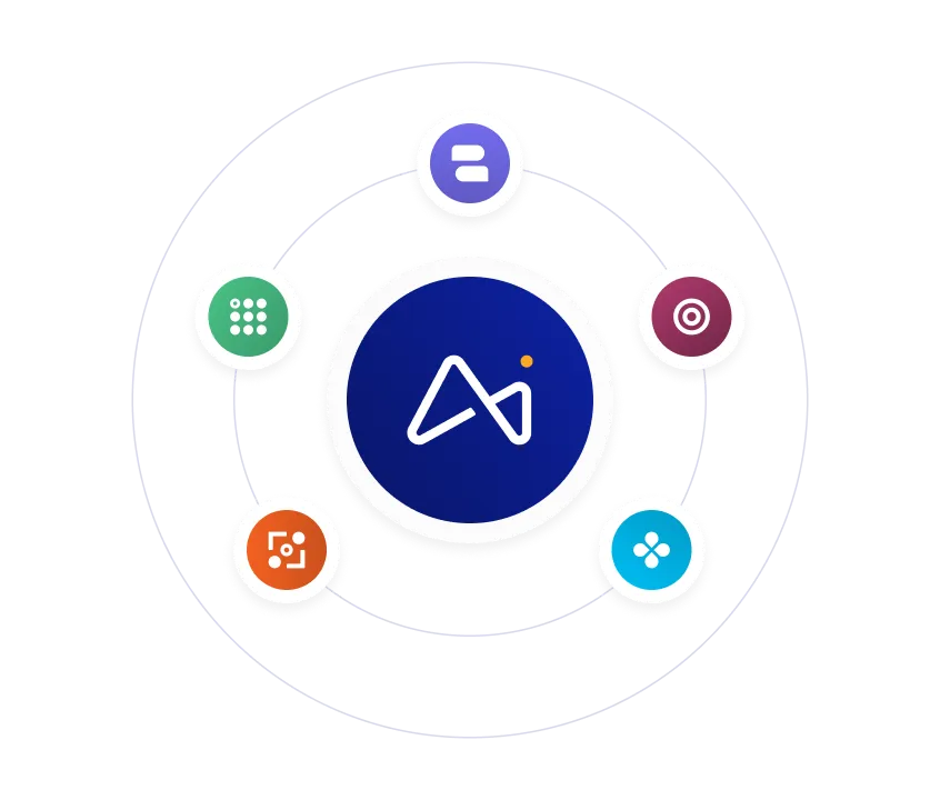 Círculo azul central com um logotipo abstrato branco de uma montanha rodeado por cinco círculos coloridos menores, cada um contendo ícones abstratos diferentes, todos conectados por linhas pontilhadas concêntricas.