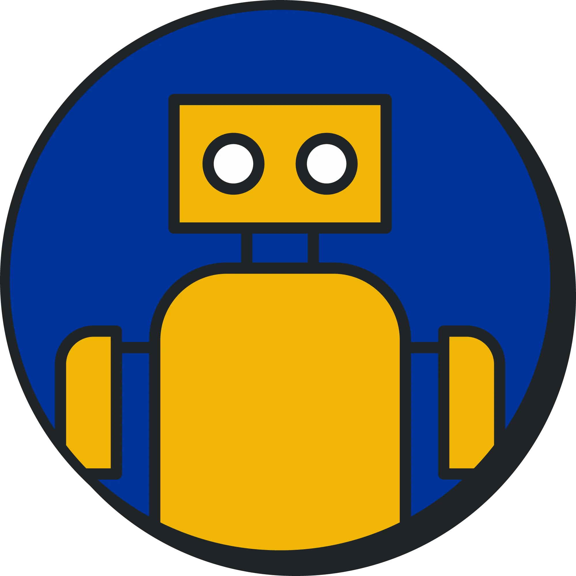 Icône robot jaune avec deux yeux circulaires à l'intérieur d'un cercle bleu.