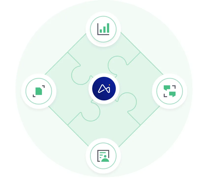 Logotipo central rodeado por quatro ícones circulares representando um gráfico de barras, balões de chat, documento e setas de expansão sobre um fundo de quebra-cabeças.