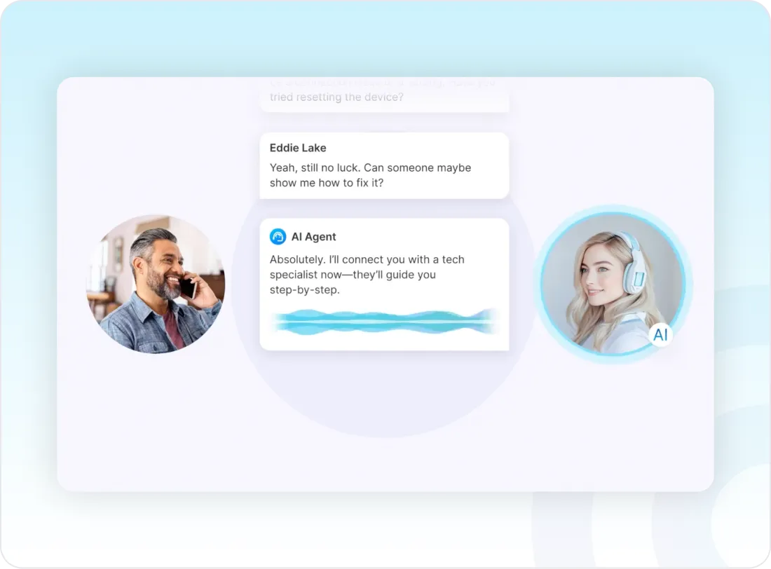 Chat interface with a man asking for help and an AI agent responding to connect him with a tech specialist.