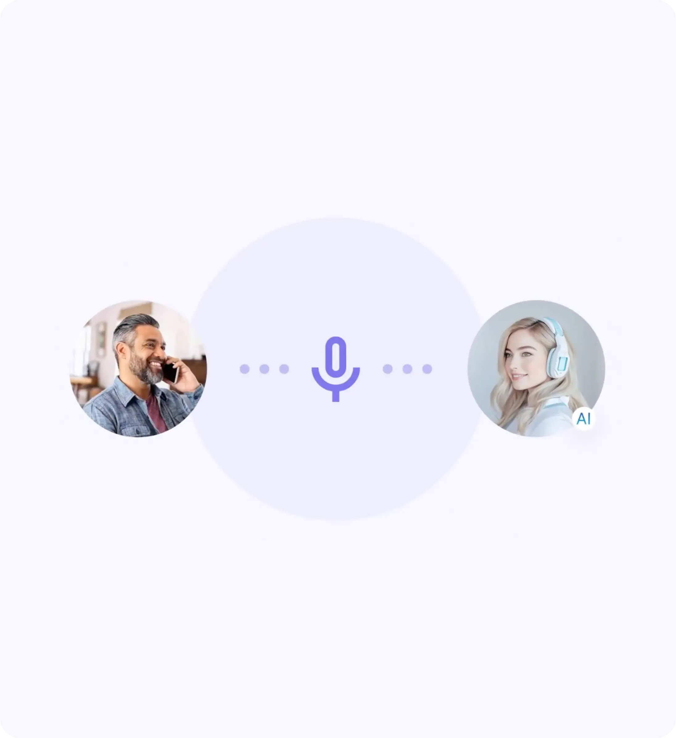 Illustration showing a man talking on the phone connected via a microphone icon to a woman wearing headphones labeled AI.