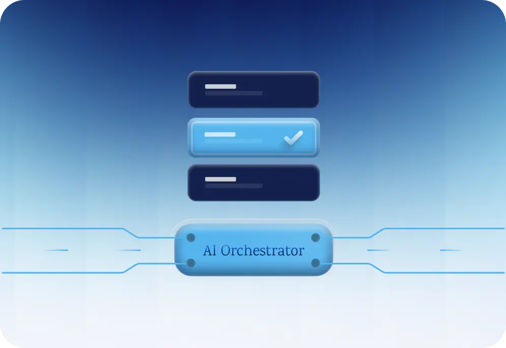 Digital interface with three horizontal bars above a glowing blue button labeled 'AI Orchestrator' connected by thin lines.