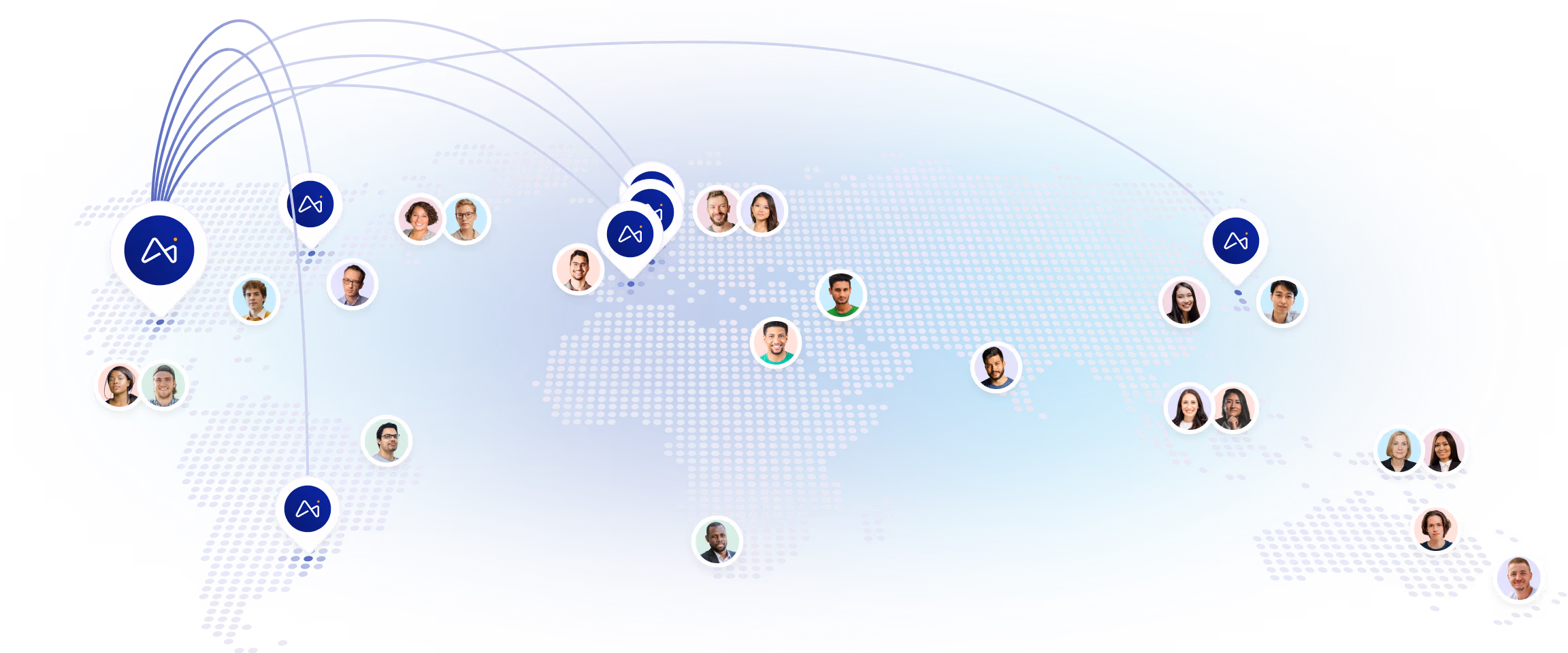  Un mapa del mundo con puntos que muestra marcadores de ubicación de la marca conectados por líneas curvas, rodeado de fotos de perfil de personas de todo el mundo repartidas por varios continentes, lo que representa una red global de usuarios.