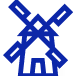 Icono de un molino de viento azul con una base en forma de casa sobre un fondo transparente.