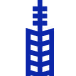 Silueta negra de un edificio alto con numerosas ventanas pequeñas sobre un fondo azul.