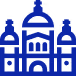 Ilustración de una mezquita tradicional con una gran cúpula y cuatro minaretes en azul oscuro.