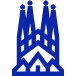 Diseño de vitral geométrico azul con motivos simétricos y arcos apuntados.