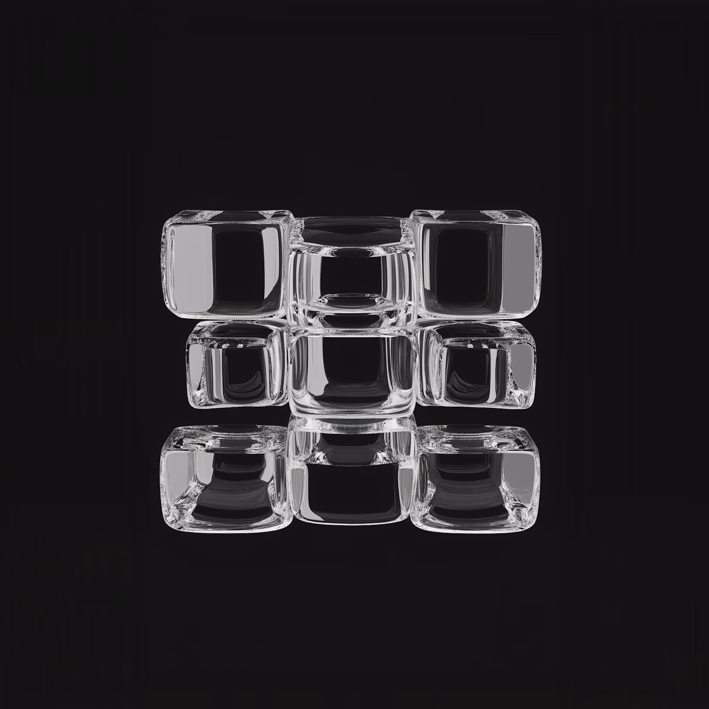 Kahdeksan kirkasta lasikuutiota ja sylinteriä mustalla taustalla, aseteltuna tiiviiksi ryhmäksi.
