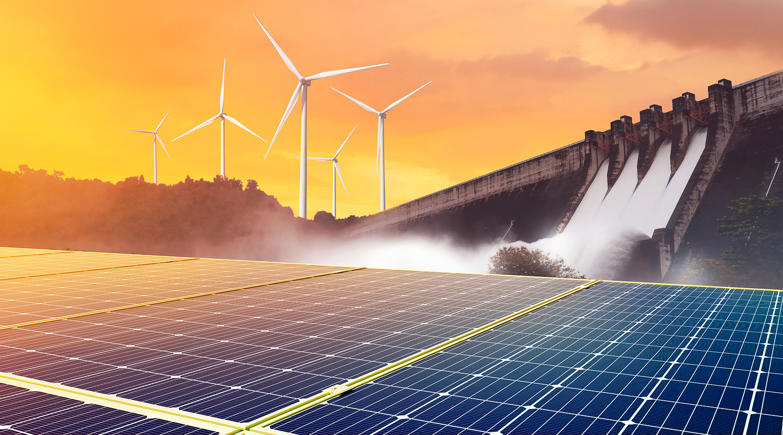Electricity from solar panels, dams, and wind turbines