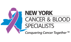 Logo of New York Cancer & Blood Specialists with a pink and blue ribbon and slogan.