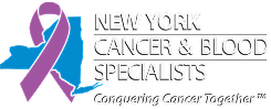 New York Cancer & Blood Specialists logo with purple and blue awareness ribbon and tagline.