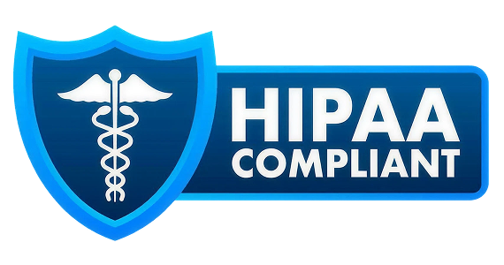 Blue shield with medical caduceus symbol and text reading HIPAA Compliant in bold white letters.
