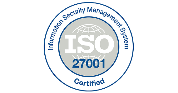 ISO 27001 Certified seal for Information Security Management System with a globe graphic.