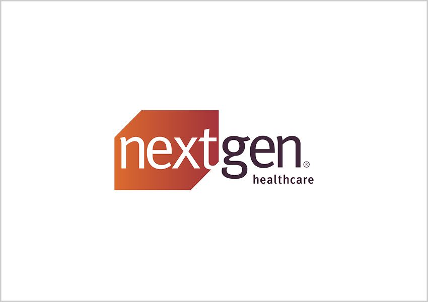 NextGen Healthcare logo in gradient orange and dark purple text on white background.