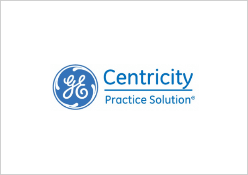 GE Centricity Practice Solution logo in blue text with circular GE emblem.