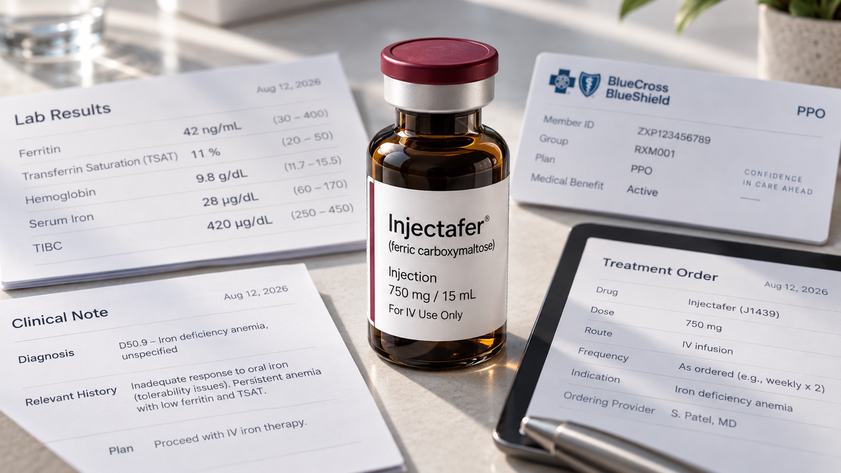 IV-iron medication vial with lab results, clinical notes, and a treatment order