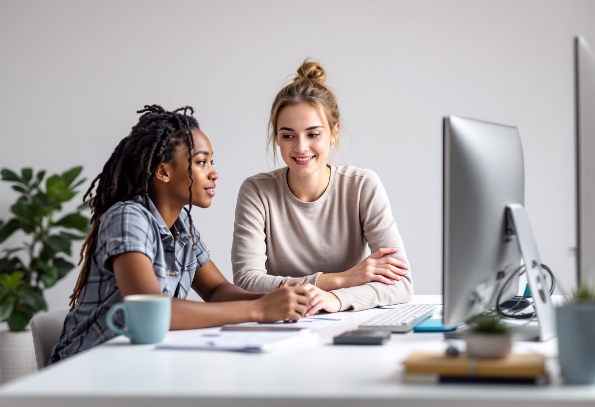 image of a volunteer mentoring teenagers in a tech workshop
