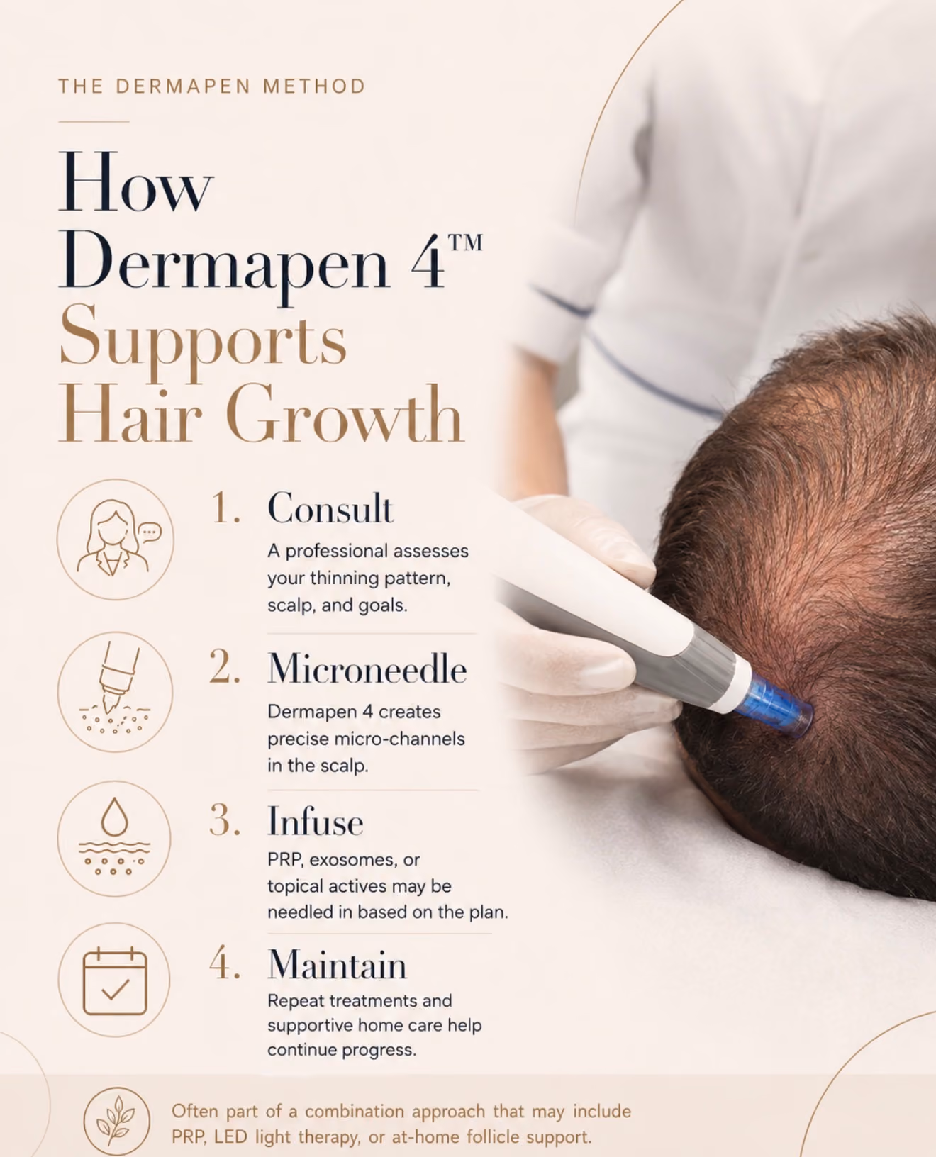 Text titled 'The Dermapen Method: How Dermapen 4 Supports Hair Growth' beside an image of a person receiving scalp treatment with a Dermapen 4 microneedling device. Four steps are listed with icons: 1. Consult - professional assesses thinning pattern, scalp, and goals; 2. Microneedle - Dermapen 4 creates precise micro-channels in the scalp; 3. Infuse - PRP, exosomes, or topical actives may be applied based on plan; 4. Maintain - repeat treatments and supportive home care help progress.