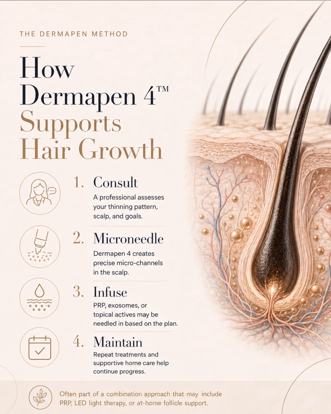 Infographic titled 'How Dermapen 4 Supports Hair Growth' showing four-step process: 1. Consult - professional assesses thinning pattern, scalp, goals; 2. Microneedle - Dermapen 4 creates micro-channels in scalp; 3. Infuse - PRP, exosomes, or topical actives may be applied; 4. Maintain - repeat treatments and home care for progress. Includes icons for each step and a detailed cross-section illustration of hair follicles in scalp skin.