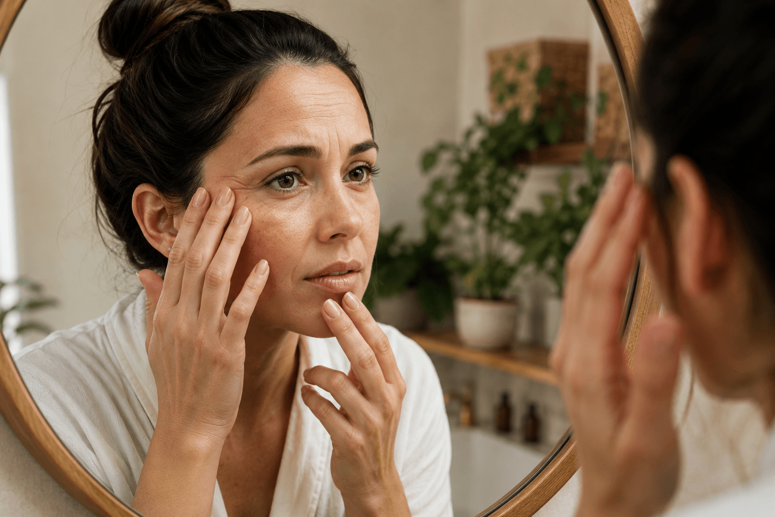 woman examining fine lines around eyes and mouth in Chandler Arizona before skin rejuvenation treatment