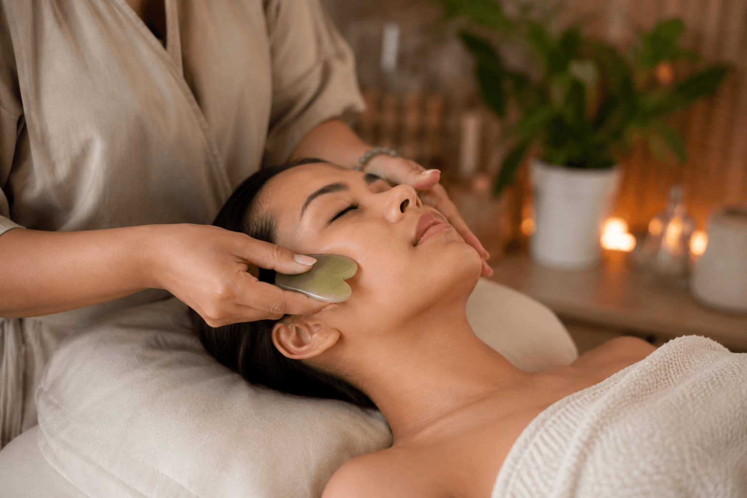 Client receiving gua sha massaging facial ritual in Chandler Arizona spa setting