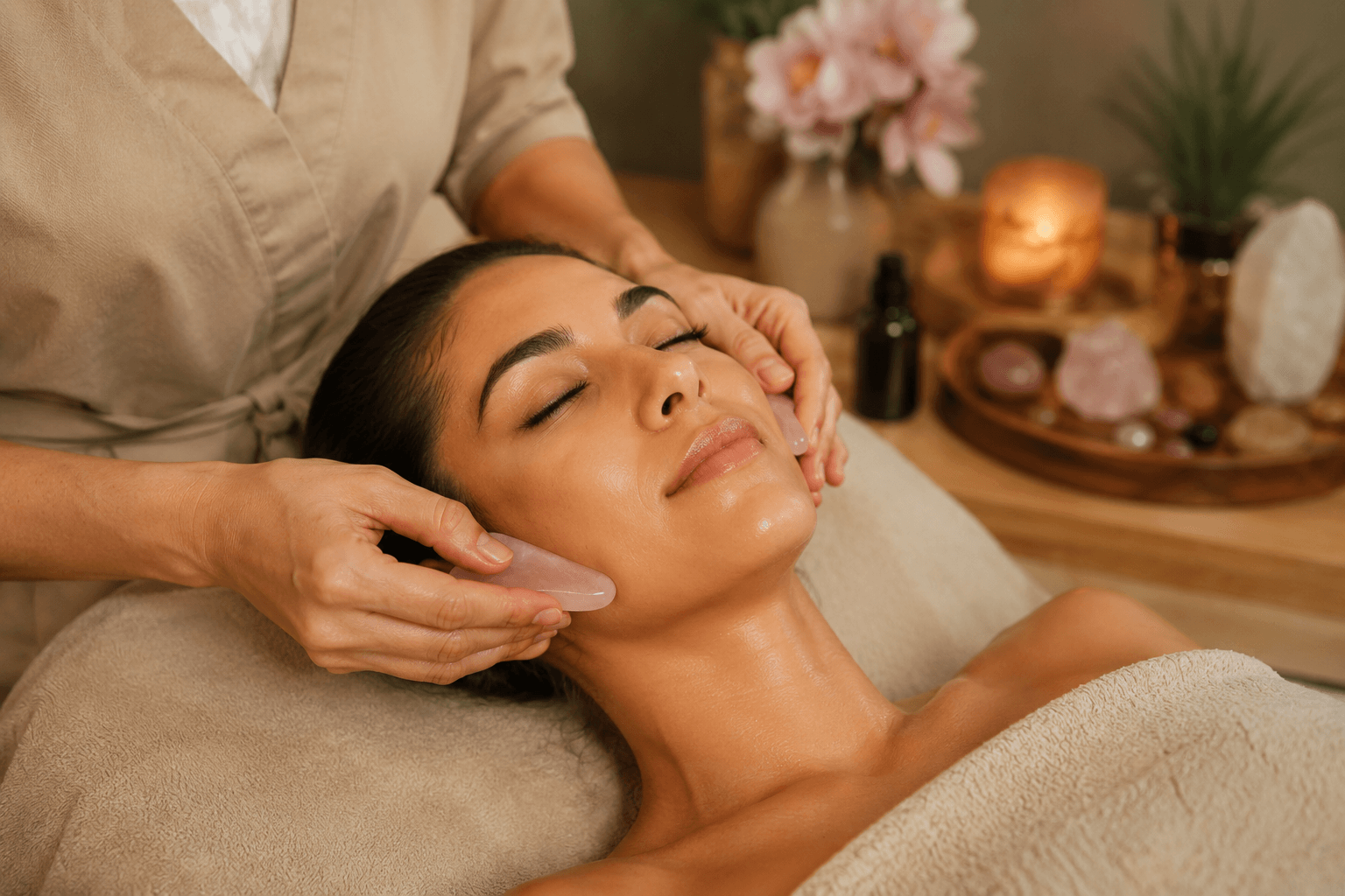 Facial massage ritual in Chandler, Arizona with Gua Sha tools and lymphatic sculpting techniques for natural face lifting