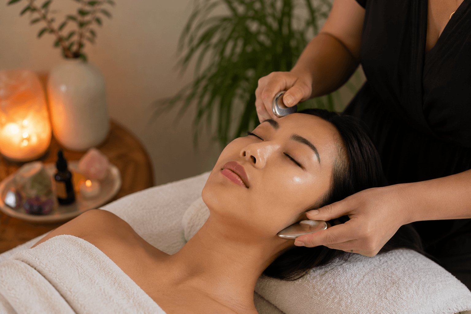Holistic Qi Beauty Facial ritual in Chandler Arizona with gentle facial treatment and relaxation