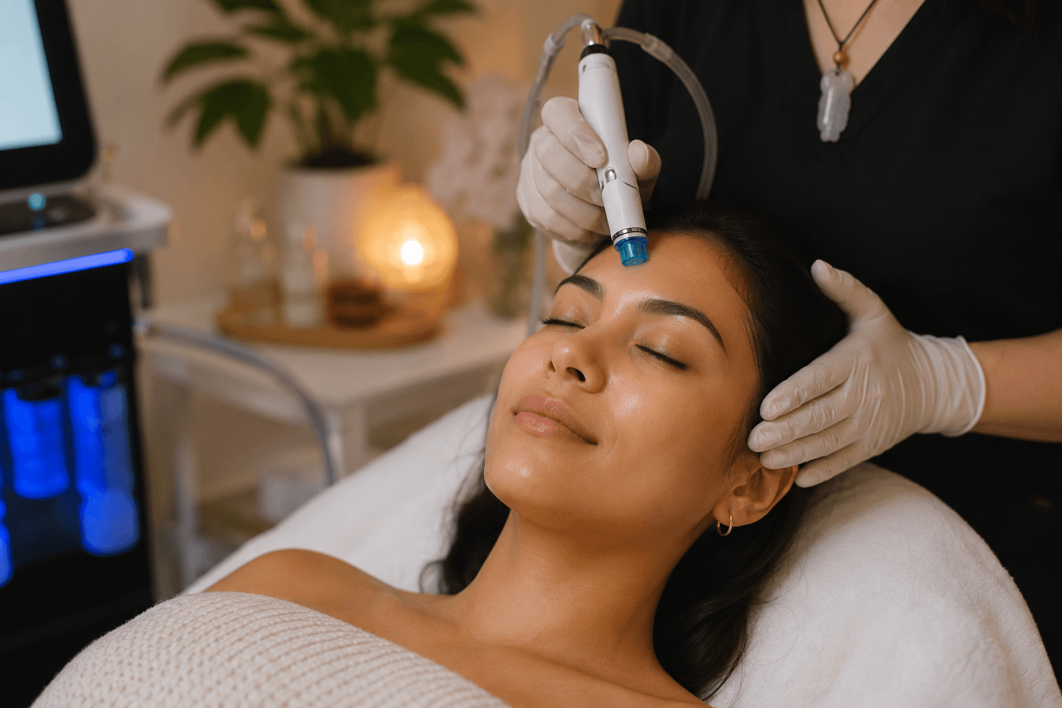 Woman with sensitive skin receiving a gentle Hydrafacial treatment in a calm, spa-like setting in Chandler, Arizona