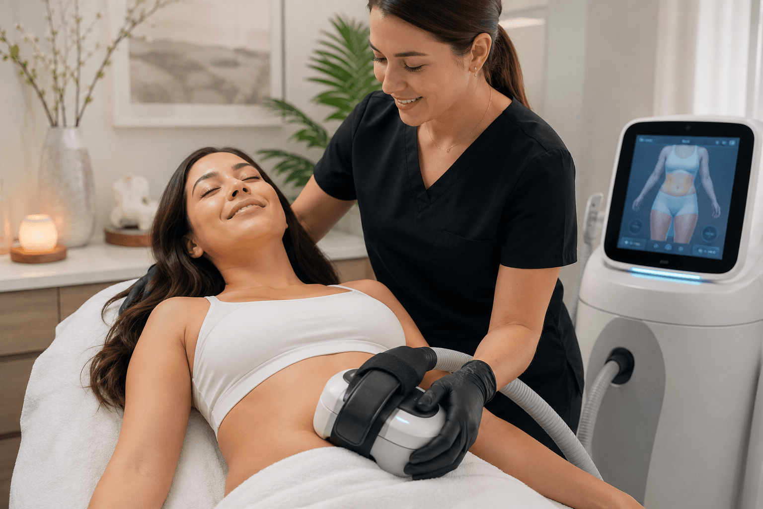 Radio frequency body sculpting treatment being applied to a client's abdomen in Chandler, Arizona
