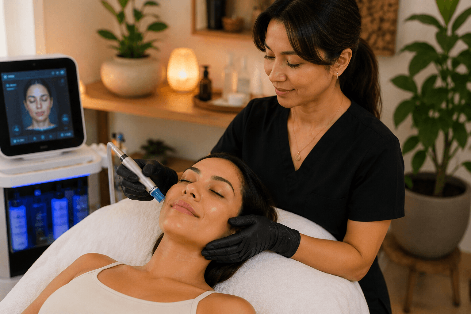 Client receiving a radio frequency skin rejuvenation facial treatment in Chandler, Arizona