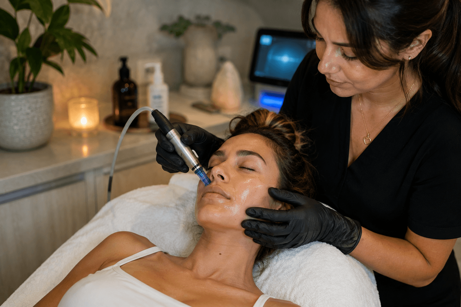 Esthetician performing a microneedling treatment on a client's cheek at a med spa in Chandler, Arizona